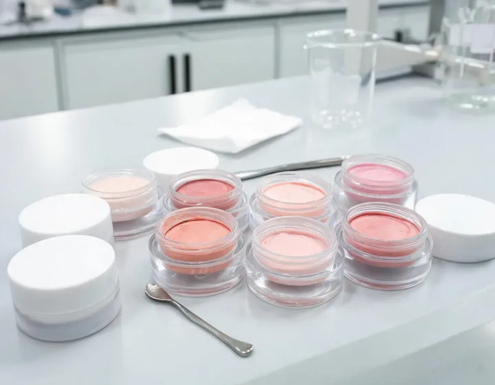 Cream Blush Sourcing on a cosmetics bench, illustration only