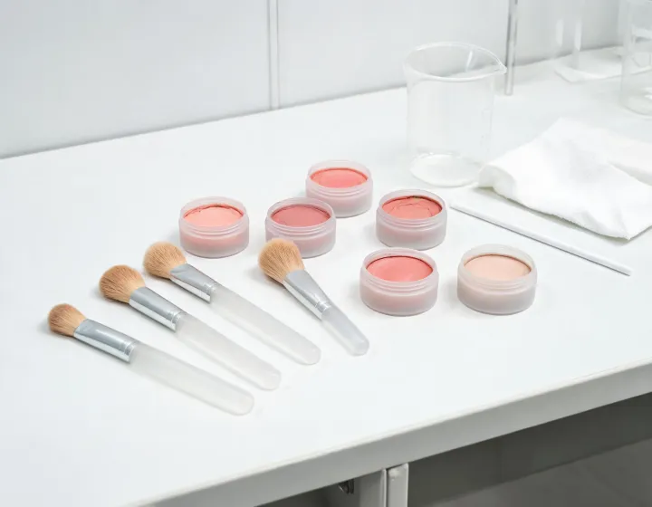 cream blush brush on a cosmetics bench, illustration only