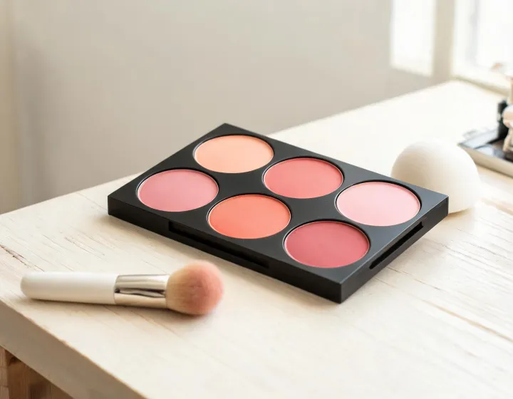 cream blush palette on a cosmetics bench, illustration only