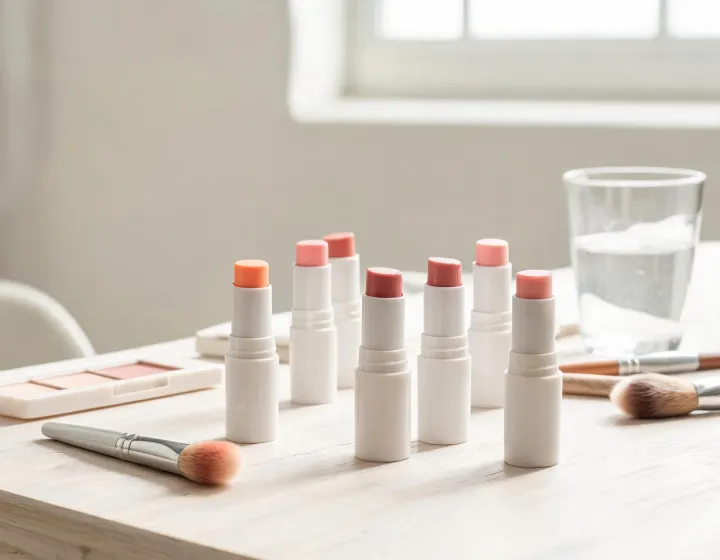 cream blush stick on a cosmetics bench, illustration only