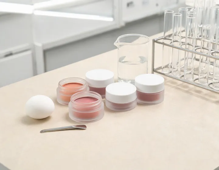 cream blush for mature skin on a cosmetics bench, illustration only
